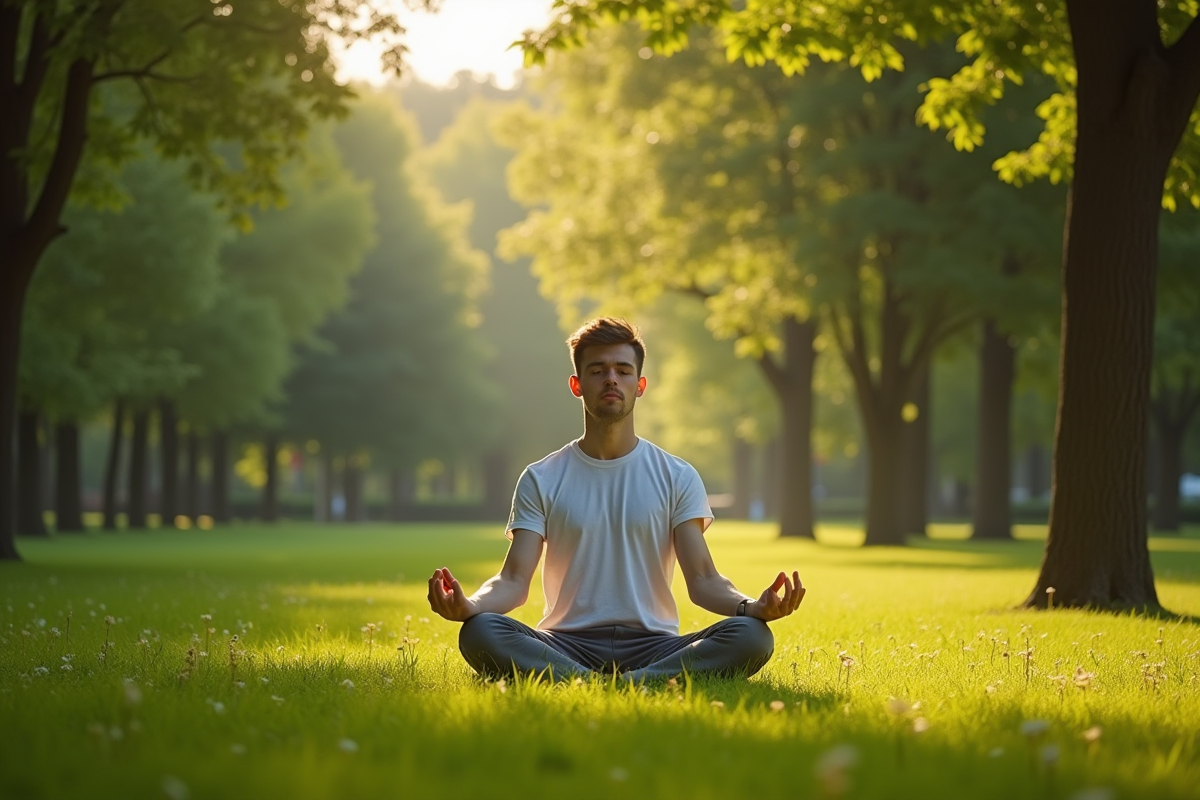 Jeune homme faisant du yoga dans un parc verdoyant en soirée