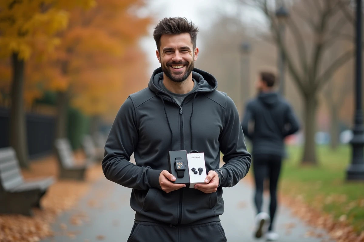 Homme tenant des idées de cadeaux sportifs dont une montre connectée et des écouteurs sans fil en extérieur