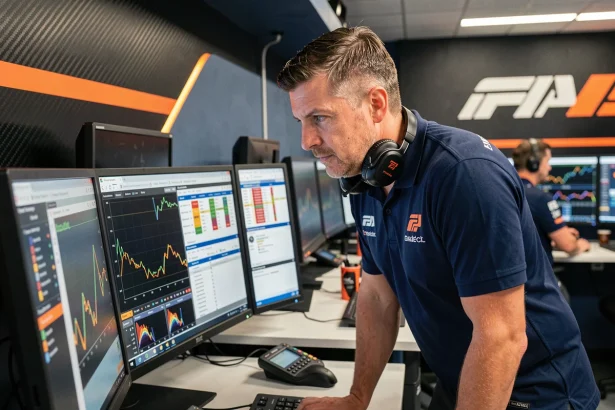Ingénieur F1 analysant des données de budget cap et classement sur des écrans de télémétrie dans un centre opérationnel d'écurie