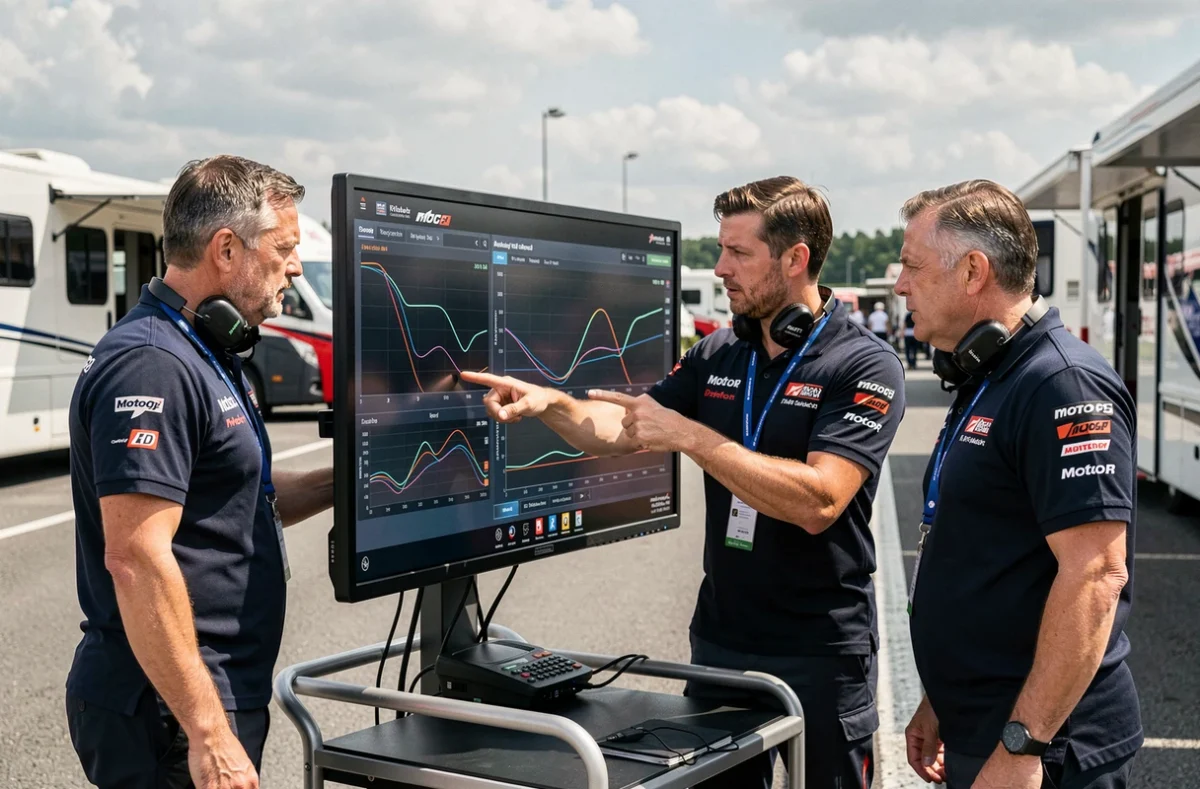 Ingénieurs et directeur d'équipe MotoGP analysant des données de télémétrie et de vitesse sur écran dans le paddock lors d'un Grand Prix