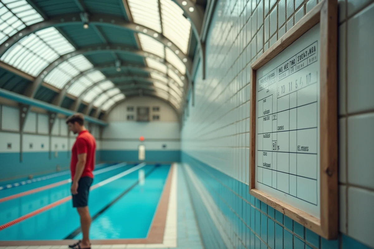 Intérieur de la piscine des Buttes-aux-Cailles avec les couloirs de nage et le planning hebdomadaire affiché sur le mur carrelé