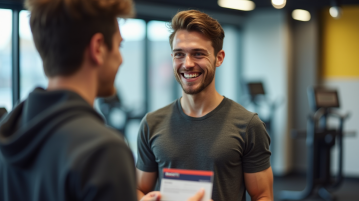 Jeune adulte montrant sa carte Basic Fit dans un gym lumineux