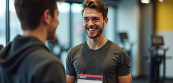Jeune adulte montrant sa carte Basic Fit dans un gym lumineux