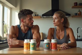 Jeune couple sportif avec compléments alimentaires à la maison