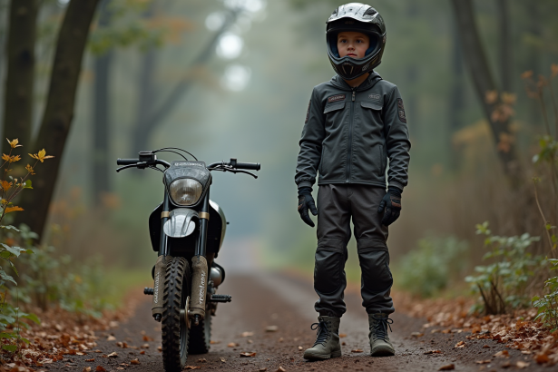 Jeune garçon en motocross à côté d'une moto 125cc en forêt