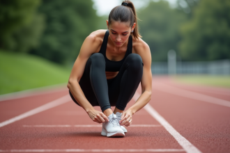 Jeune femme en tenue de course à pied sur piste rouge