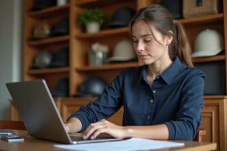 Jeune femme equestre au bureau avec ordinateur
