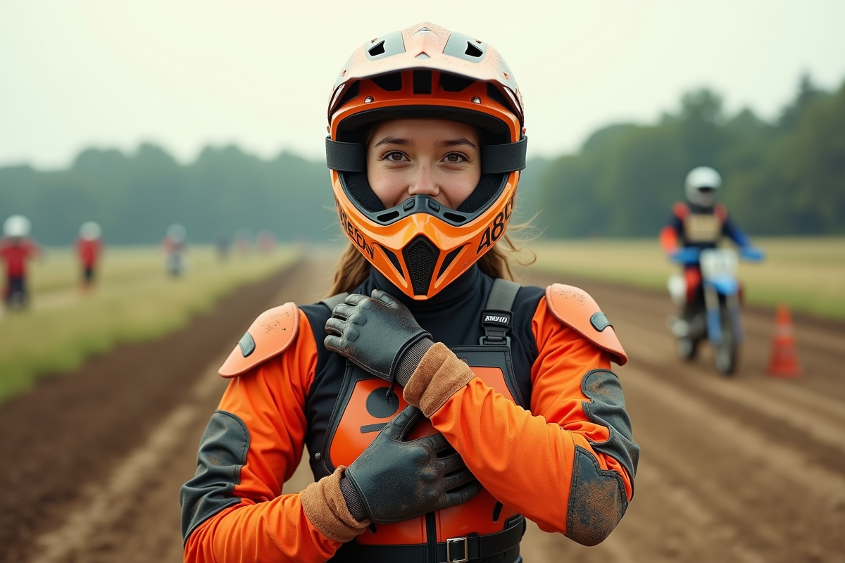 Jeune femme en équipement motocross ajustant son gilet de protection