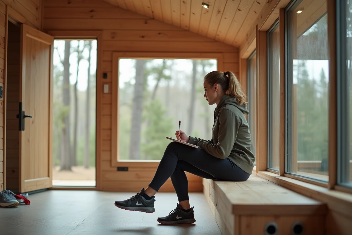 Jeune femme assise sur un banc dans une cabane sportive en forêt