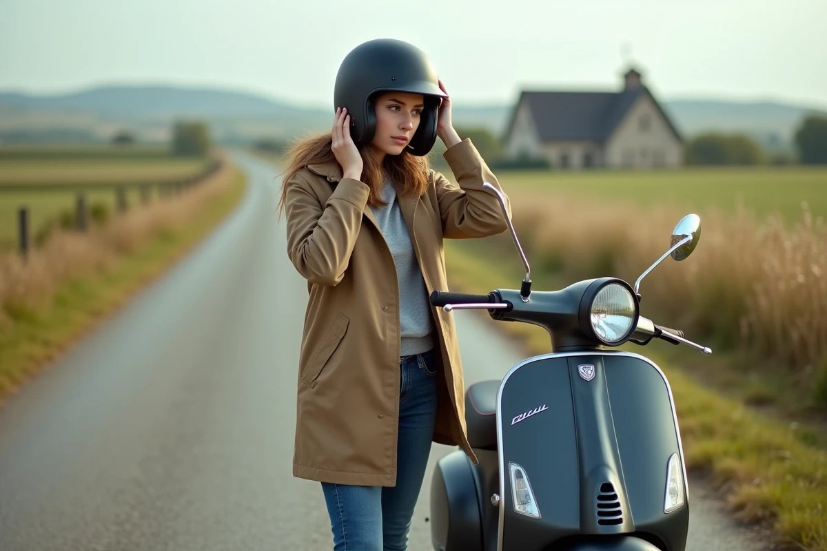 Jeune femme ajustant son casque près d