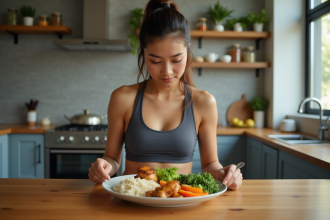 Jeune femme sportive préparant un repas sain dans la cuisine
