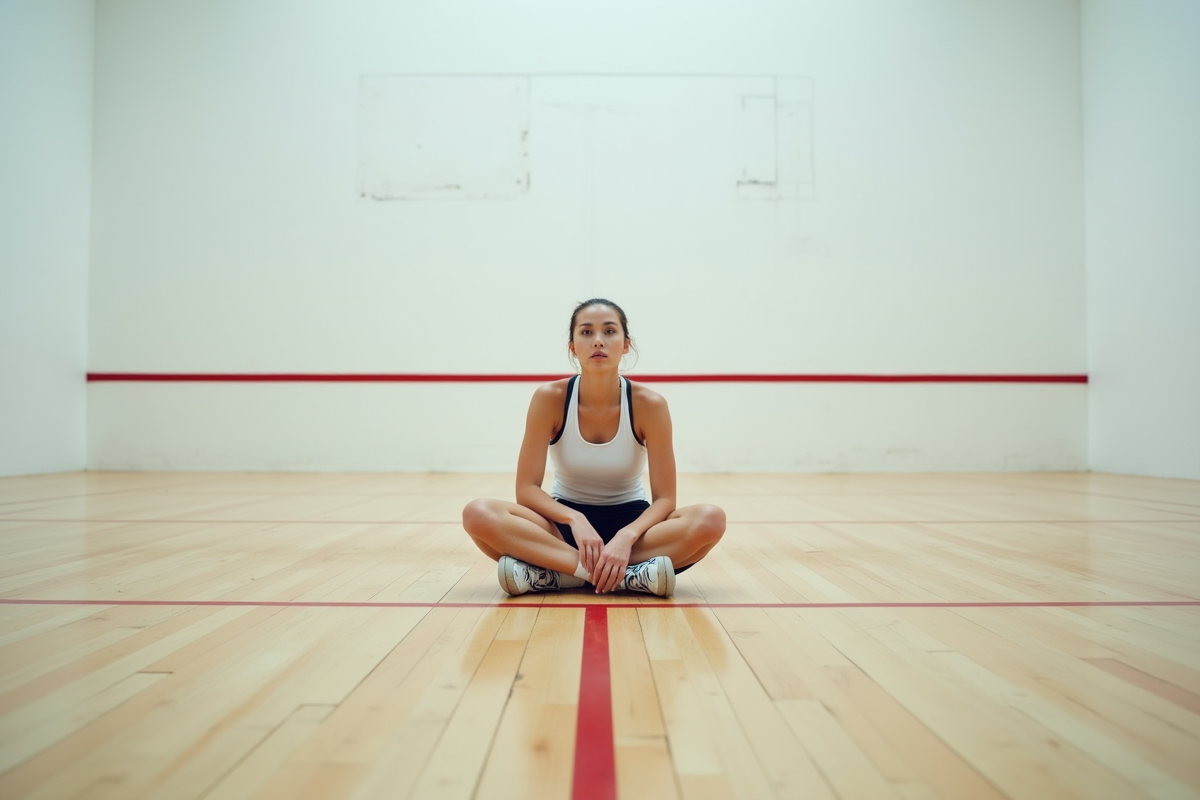 Jeune joueuse de squash assise sur le sol du court