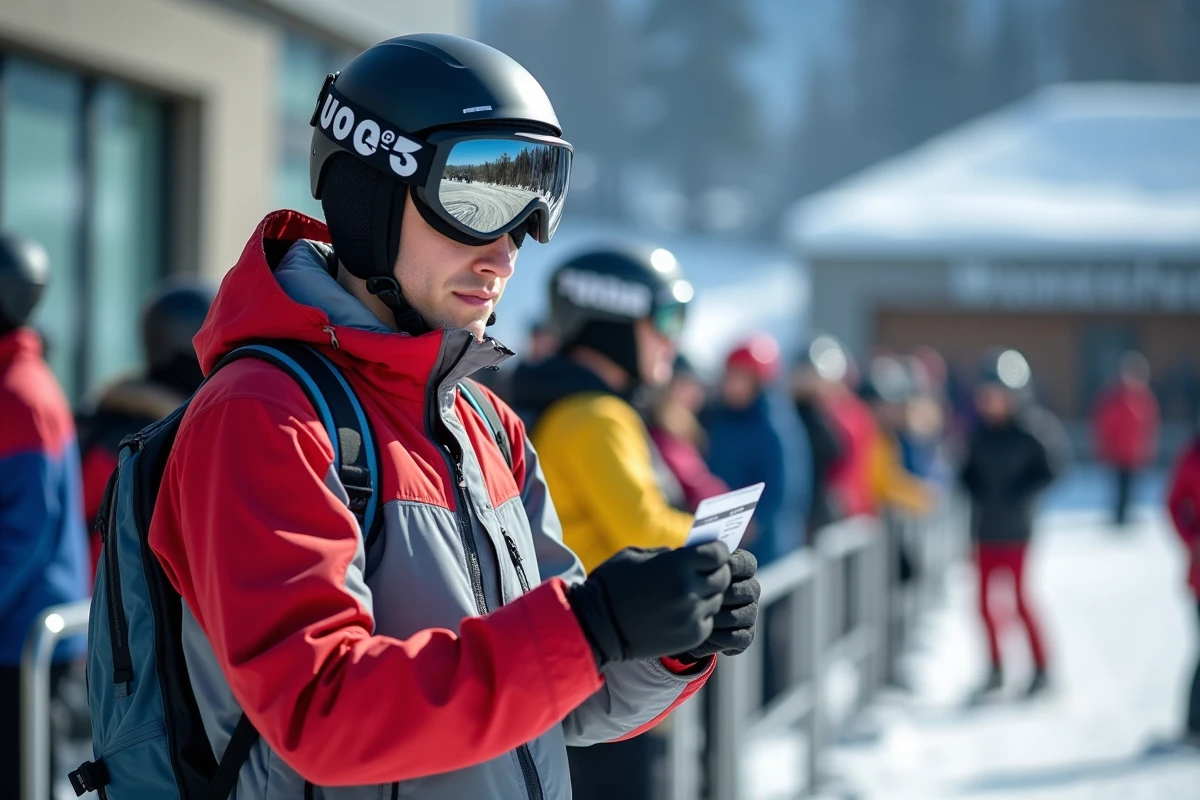 Étudiant tenant un forfait ski étudiant La Plagne devant les remontées mécaniques, comparant les tarifs