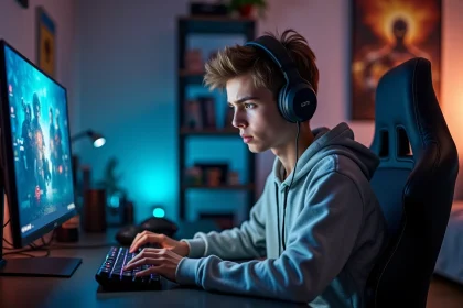 Jeune homme concentré devant son PC de gaming dans sa chambre