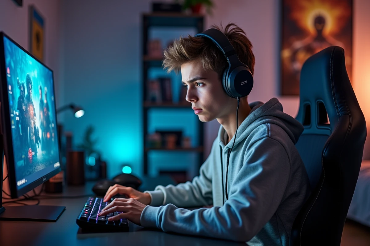 Jeune homme concentré devant son PC de gaming dans sa chambre