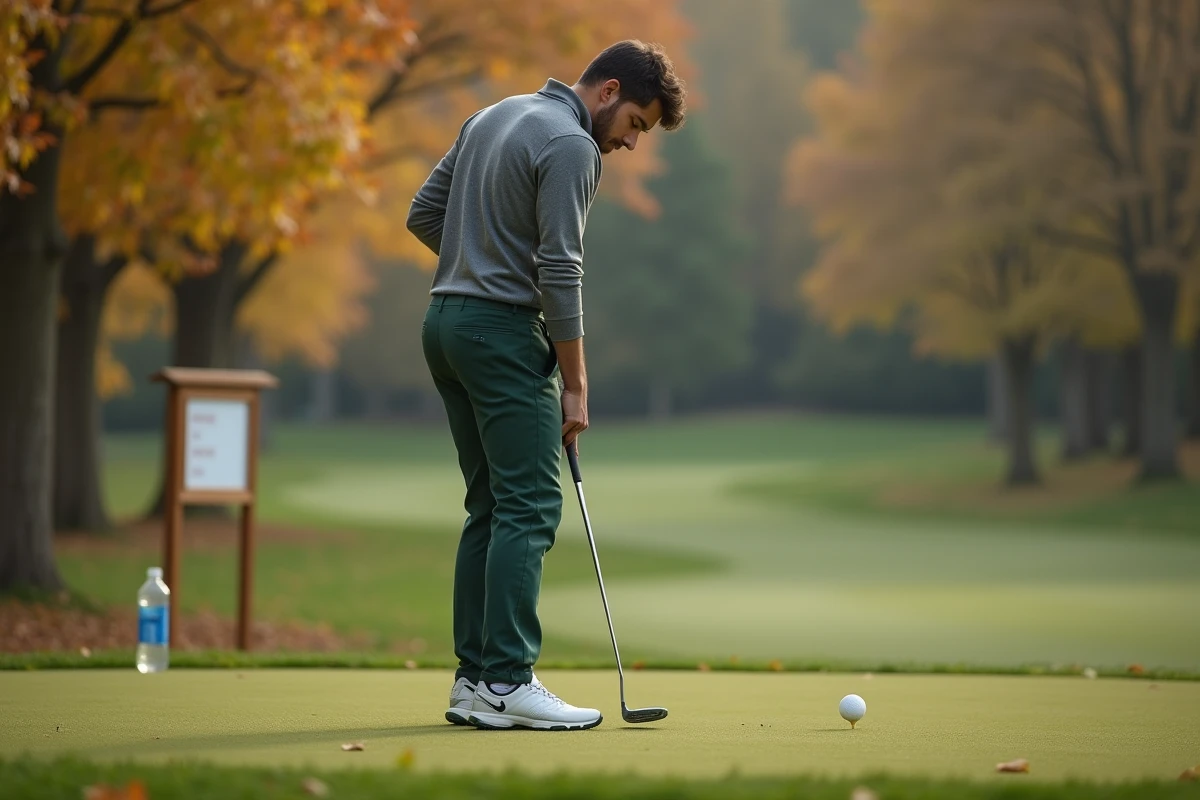 Jeune golfeur anxieux observant son putt rouler vers le trou sur un green extérieur