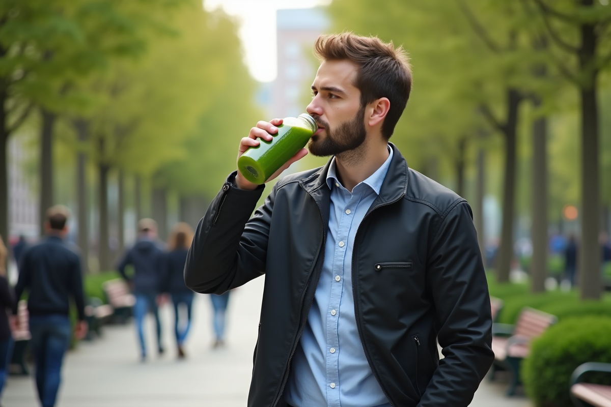 Jeune homme buvant un smoothie vert dans un parc urbain