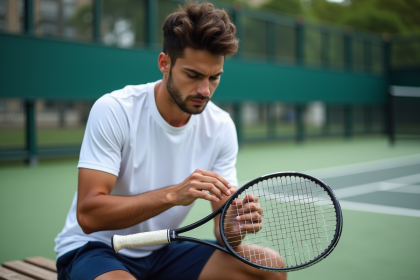 Jeune homme en tennis préparant un dampener sur sa raquette