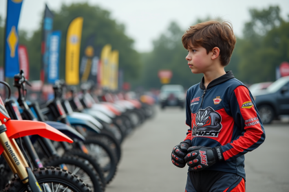 Jeune garçon motocross examine des motos 125cc en concession