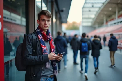 Jeune homme avec écharpe Paris FC à l'entrée du stade