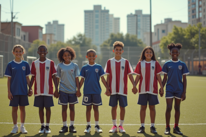 Groupe de jeunes sportifs multiculturels en maillots sur un terrain de football