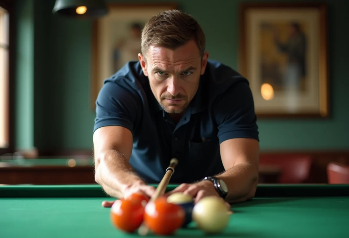 Homme d'âge moyen en polo bleu joue au billard dans un salon élégant