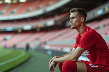 Jeune joueur de football assis sur le banc en stadium