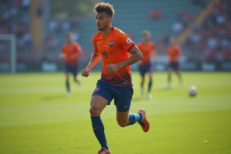 Jeune joueur de football en pleine course sur le terrain vert