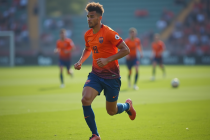 Jeune joueur de football en pleine course sur le terrain vert