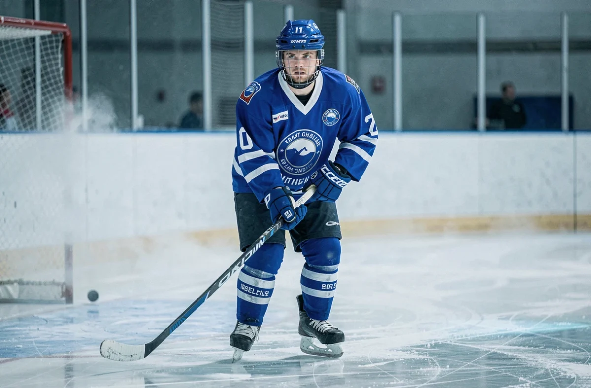 Joueur de hockey sur glace en tenue lors d'un entraînement dans une patinoire régionale d'Amiens