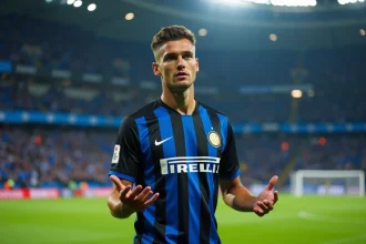 Joueur de l'Inter Milan en maillot rayé noir et bleu lors d'un match de Ligue des Champions, regard intense sur le terrain