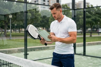 Joueur de padel masculin étudiant un plan d'entraînement sur un court moderne pour progresser vers le niveau P100