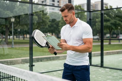 Joueur de padel masculin étudiant un plan d'entraînement sur un court moderne pour progresser vers le niveau P100