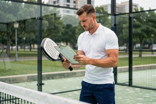 Joueur de padel masculin étudiant un plan d'entraînement sur un court moderne pour progresser vers le niveau P100