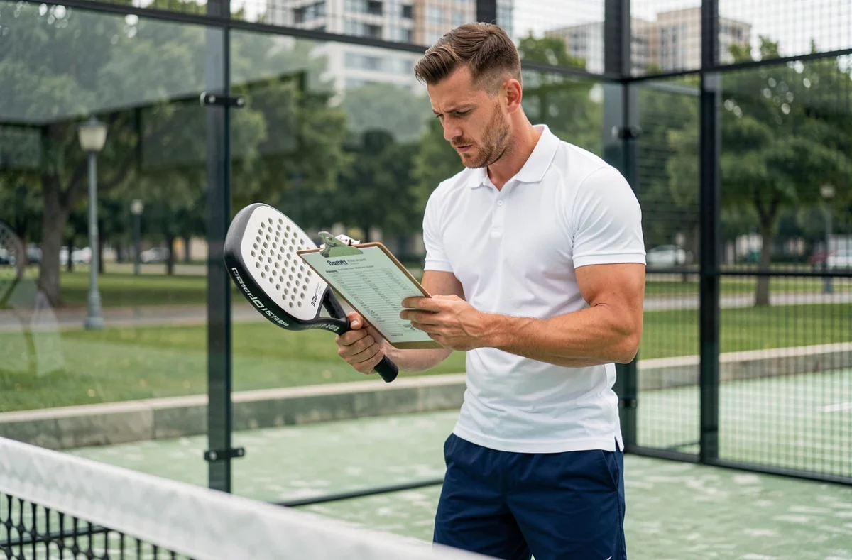 Joueur de padel masculin étudiant un plan d'entraînement sur un court moderne pour progresser vers le niveau P100