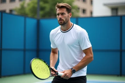 Joueur de padel masculin en position d'attente sur un court extérieur, illustrant la progression technique au padel grâce au classement P250
