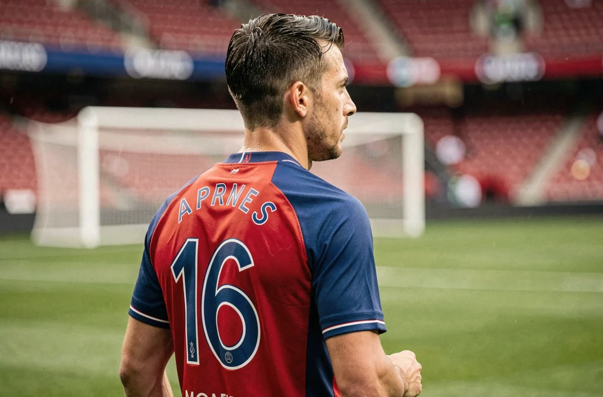 Joueur du PSG de dos en maillot domicile lors d'un entraînement au Parc des Princes en 2026