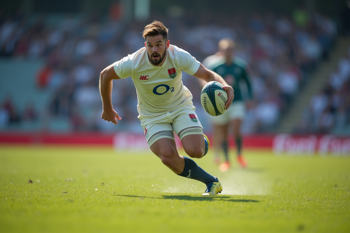 Joueur rugby Angleterre en action sur terrain vert