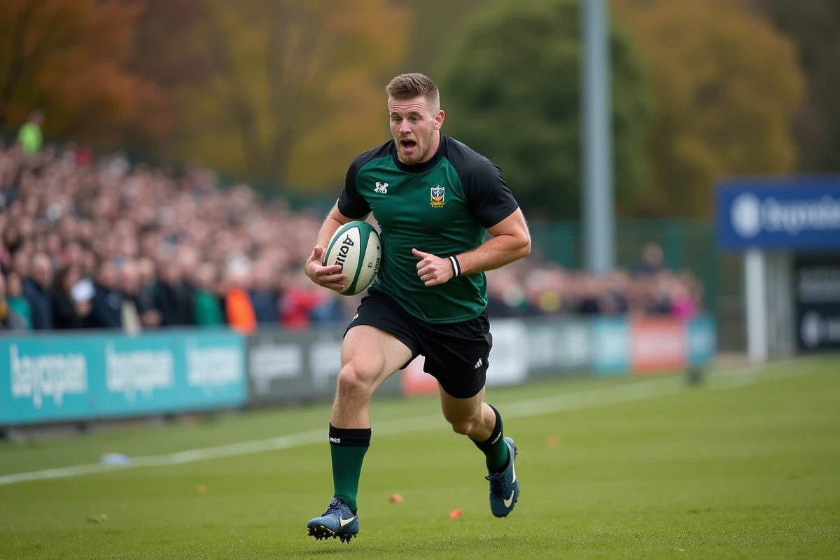 Joueur de rugby en plein sprint avec ballon lors d'un match de Fédérale 2, maillot vert et noir, terrain provincial en automne