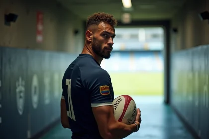 Joueur de rugby professionnel dans un couloir de stade, tenant un ballon ovale, symbolisant un transfert dans le Top 14