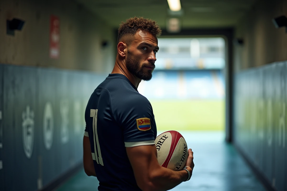 Joueur de rugby professionnel dans un couloir de stade, tenant un ballon ovale, symbolisant un transfert dans le Top 14