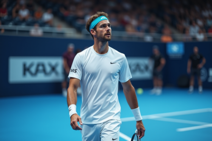 Jeune joueur de tennis en action sur court indoor à Turin
