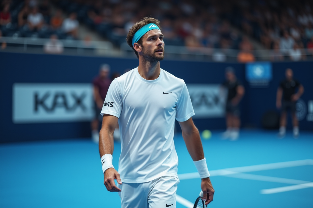 Jeune joueur de tennis en action sur court indoor à Turin