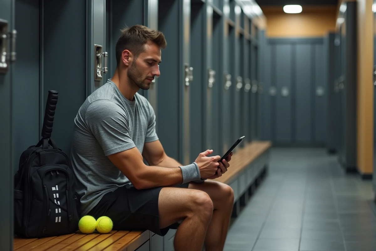 Joueur de tennis consultant un plan d'entraînement sur tablette dans un vestiaire, symbolisant la préparation stratégique pour progresser rapidement