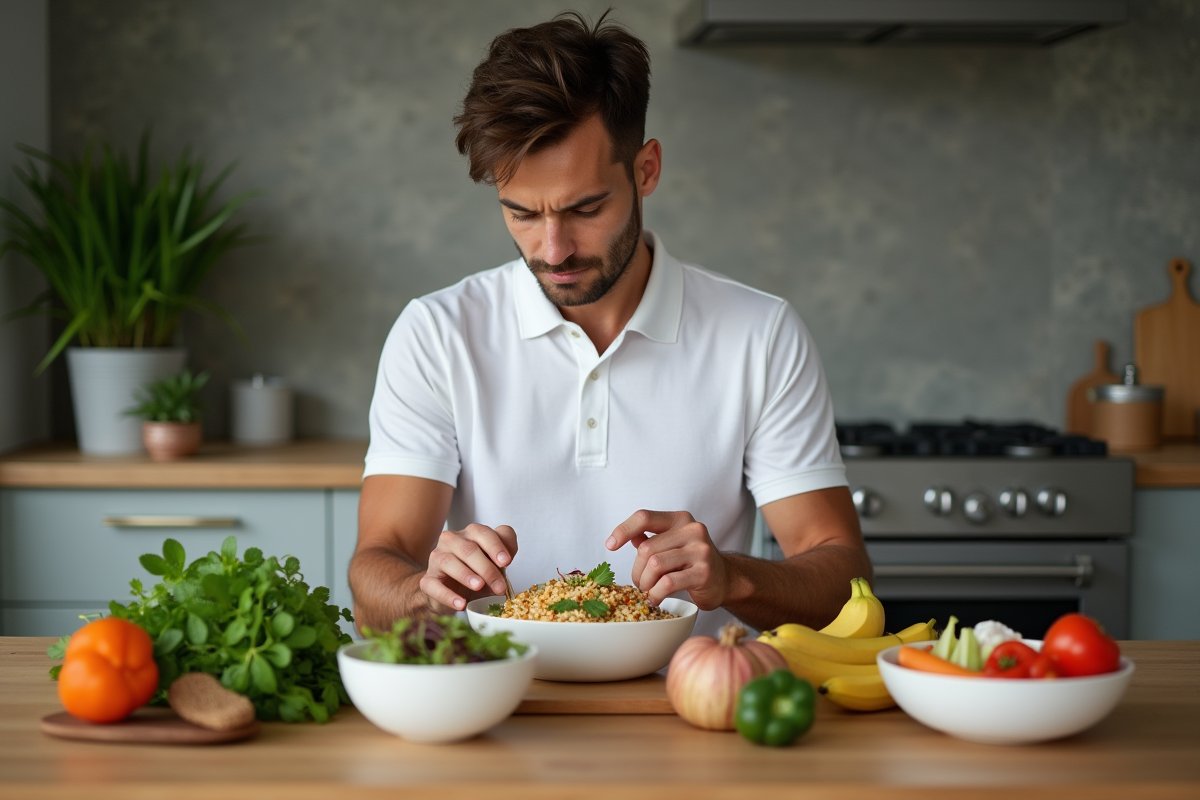Homme sportif préparant une salade de quinoa colorée