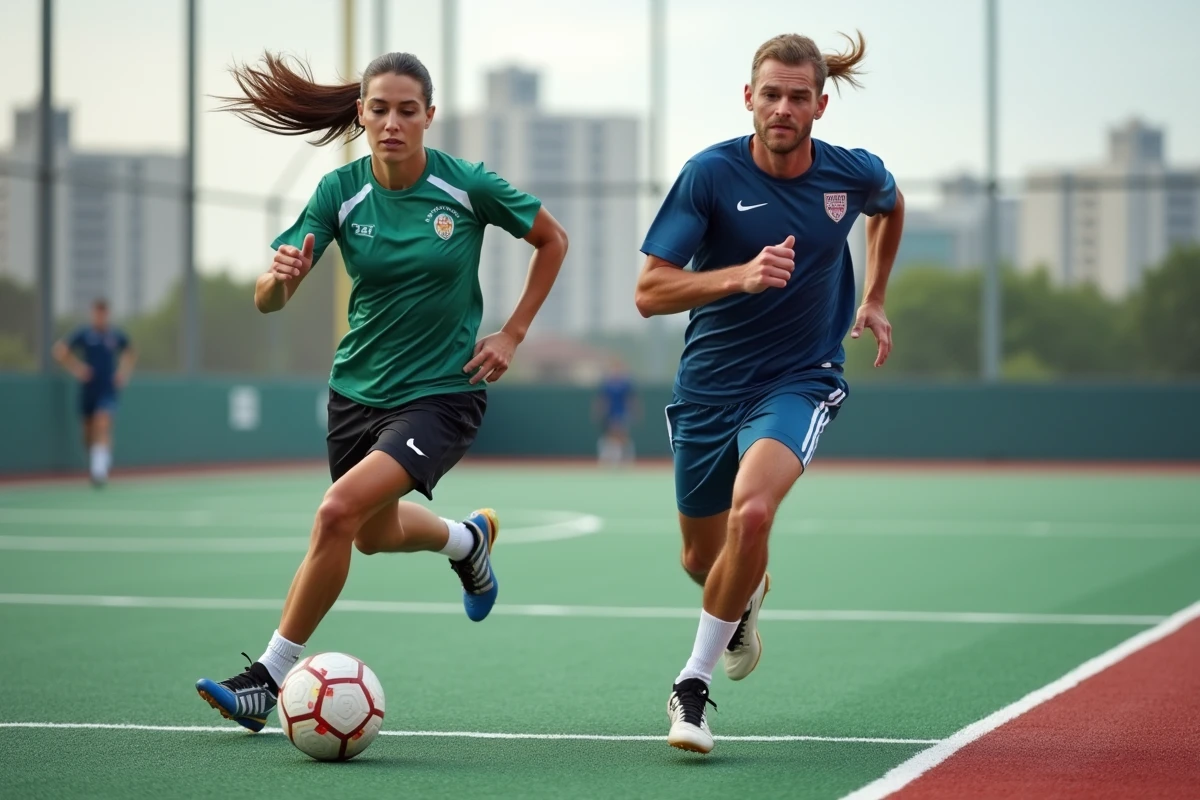 Deux joueurs de handball en action sur terrain extérieur