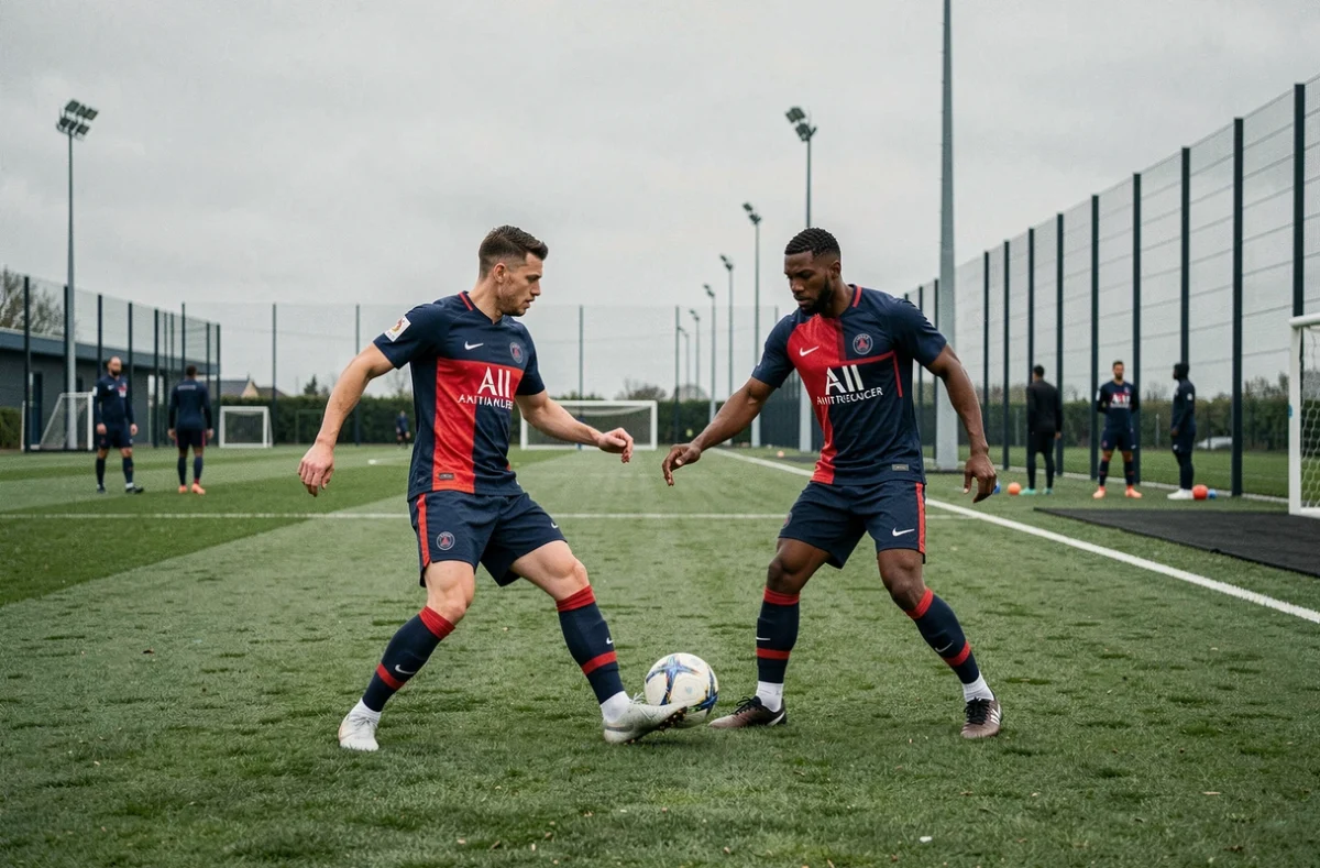 Deux joueurs du PSG en tenue d'entraînement réalisant des exercices de passe sur le terrain d'entraînement