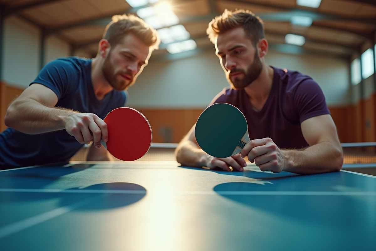 Deux joueurs de tennis de table examinant des raquettes