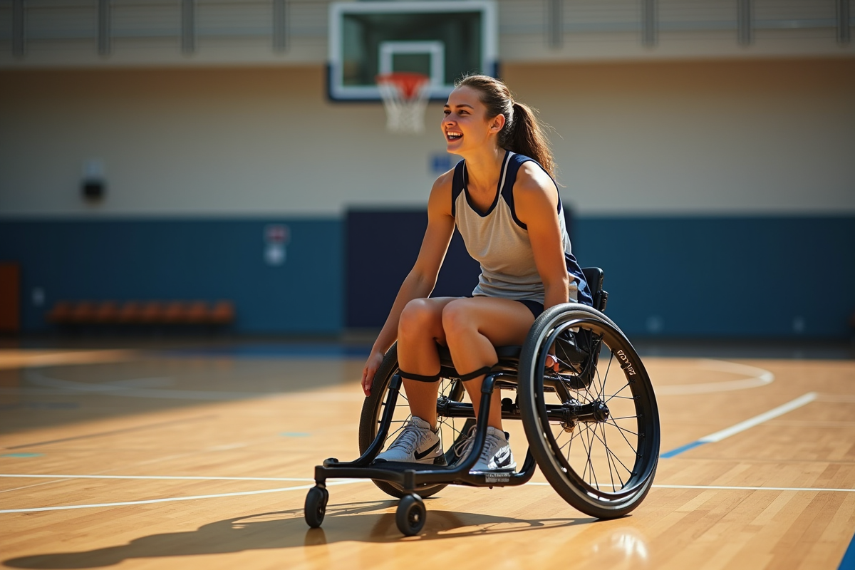 Joueuse de basket en fauteuil en action sur un terrain intérieur