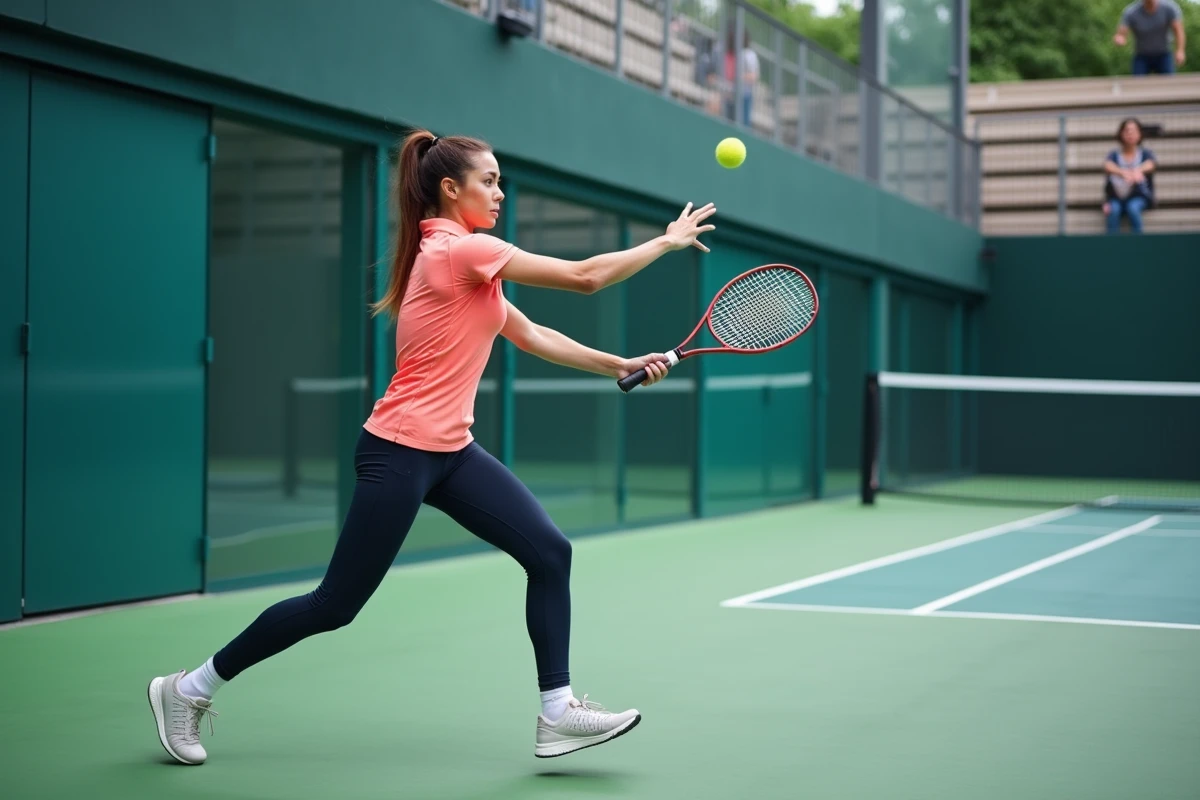 Joueuse de padel effectuant un coup droit près de la vitre arrière d'un court intérieur, représentant la méthode de progression vers le niveau P250